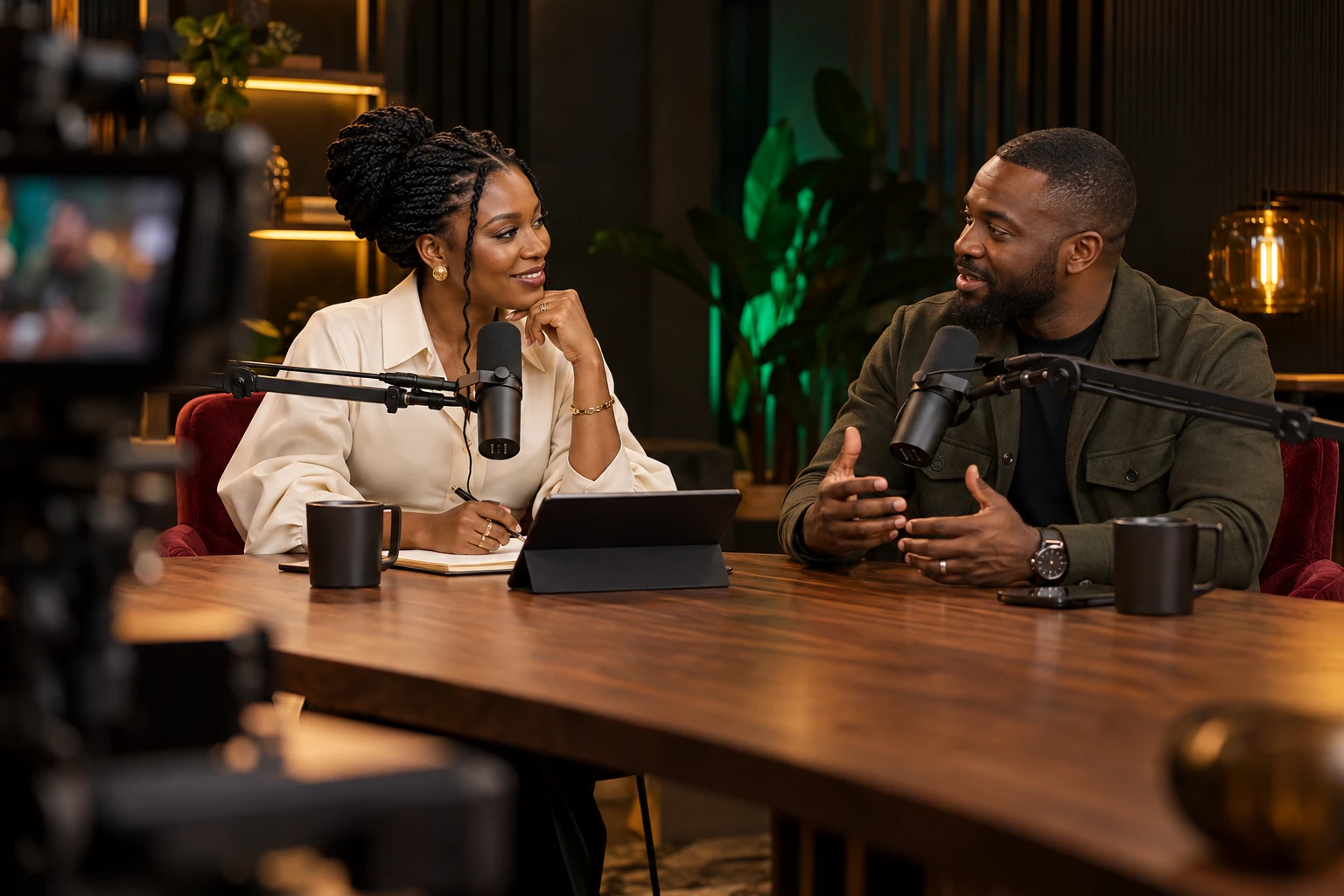Illustrative Nigerian host and guest in conversation at a fictional podcast studio